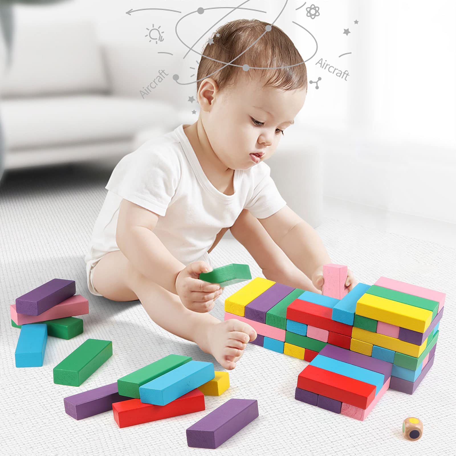 Canuan Wooden Blocks Stacking Games, 48PCS Tumbling Stacking Blocks Game for Kids and Families, Wood Colorful Balancing Blocks Montessori Toys for Kids with Storage Bag
