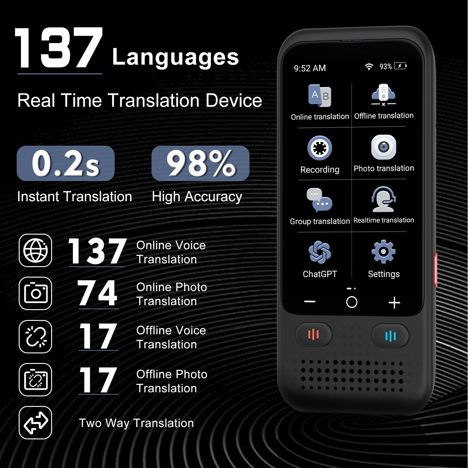 Language Translator Device, Portable 4-Way Translation Device for Voice/Text/Offline/Photo Translation and Chatgpt, 139 Languages Translation in Real Time, Standy 180H, Gift for Business/Traveling