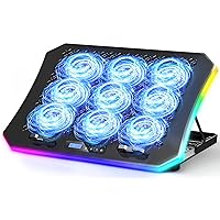 KeiBn Upgraded Gaming Laptop Cooler Pad with 9 Quiet RGB Fans, Cooling Pad for 15.6-17.3 Inch Laptops with 7 Height Stands, 2 USB Ports, Phone Stand-Blue