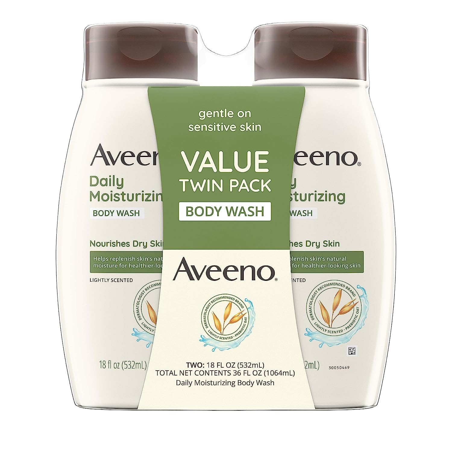 Aveeno Daily Moisturizing Body Wash for Dry & Sensitive Skin with Prebiotic Oat, Hydrating Oat Body Wash Nourishes Dry Skin & Gently Cleanses, Light Fragrance, Sulfate-Free, 18 fl. oz, Pack of 2