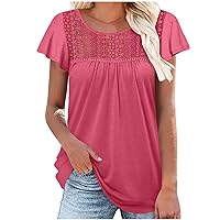 Summer Shirts for Women 2024 Dressy Tops Lace Shoulder Tunic Tops Floral Casual Blouses Round Neck Short Sleeve Tees