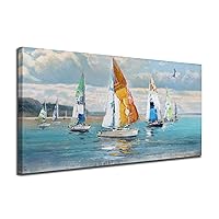 Ardemy Blue Abstract Wall Art Ocean Sailboat Picture Modern Coastal Painting, Large Canvas Handmade Textured Framed Artwork for Living Room Bedroom Kitchen Home Office Wall Decor 40