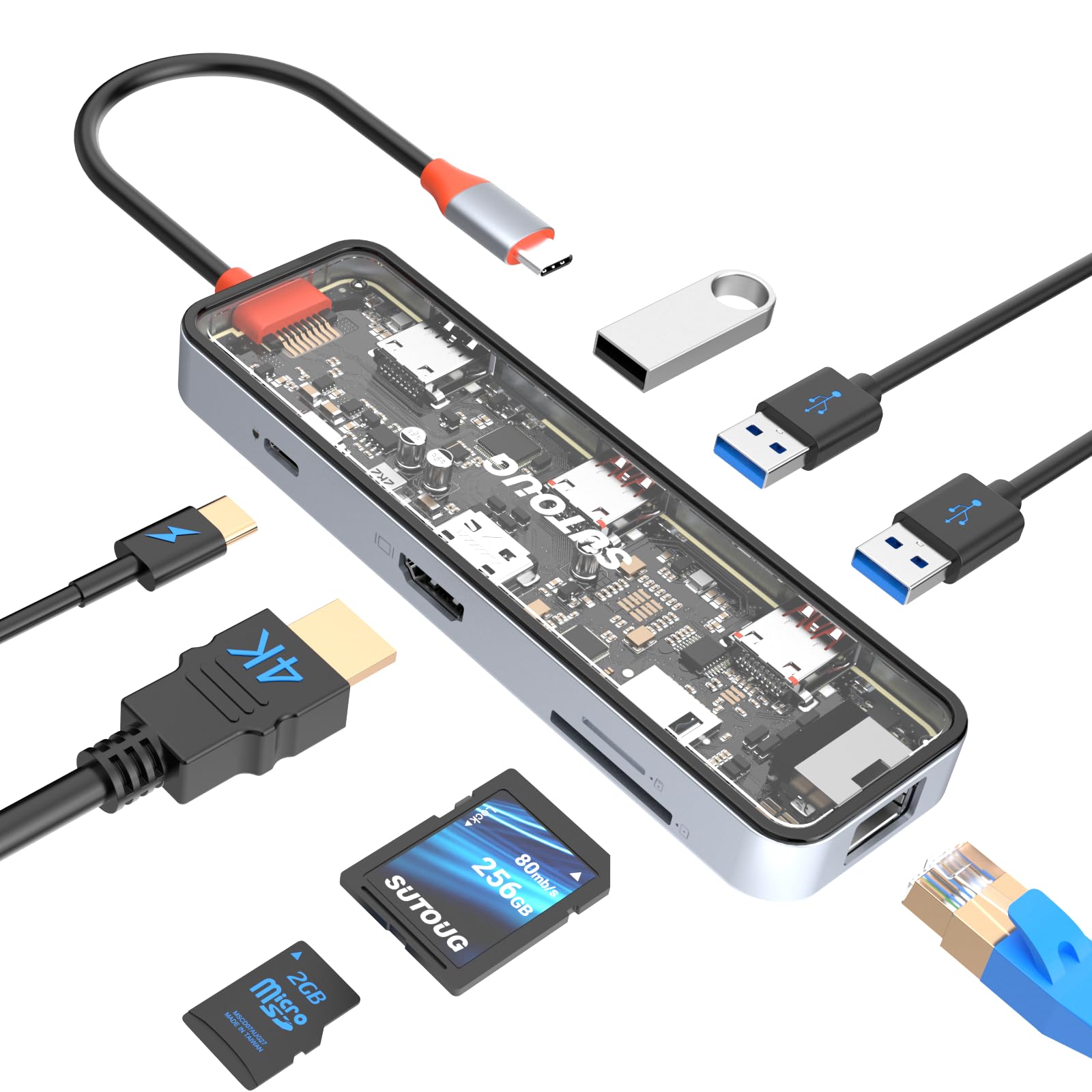 SUTOUG 8 in 1 USB C Hub, USB C Hub Multiport Adapter with 4K HDMI, 100W PD, 5Gbps USB 3.0, USB 2.0 Port, Ethernet Port, SD&TF Card Reader, USB C Dongle for Other Type C Devices