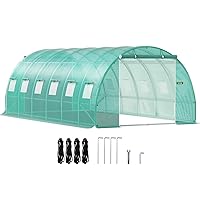 VEVOR Walk-in Tunnel Greenhouse, 20 x 10 x 7 ft Portable Plant Hot House w/Zippered Door, 12 Roll-up Windows, Galvanized Steel Hoops, 3 Top Beam, and 4 Diagonal Poles, Green