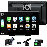 LAMTTO Portable Wireless Car Stereo Apple Carplay with 2.5K Dash Cam,9 Inch Touchscreen GPS Navigation for Car, Car Audio Receivers with Bluetooth,Android Auto,Mirror Link,AUX/FM