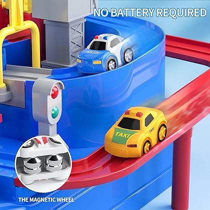 TEMI Kids Race Track Toys for Boy Car Adventure Toy for 3 4 5 6 7 Years Old Boys Girls, Puzzle Rail Car, City Rescue Playsets Magnet Toys 3 Mini Cars, Preschool Educational Car Games Gift Toys
