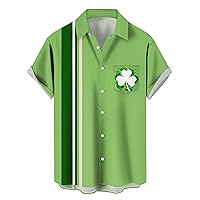 Men's Casual Button Down Shirts Vintage St. Patrick's Day Bowling Shirt Green Casual Short Sleeve Clover Shirts St. Patricks Day Clover XL