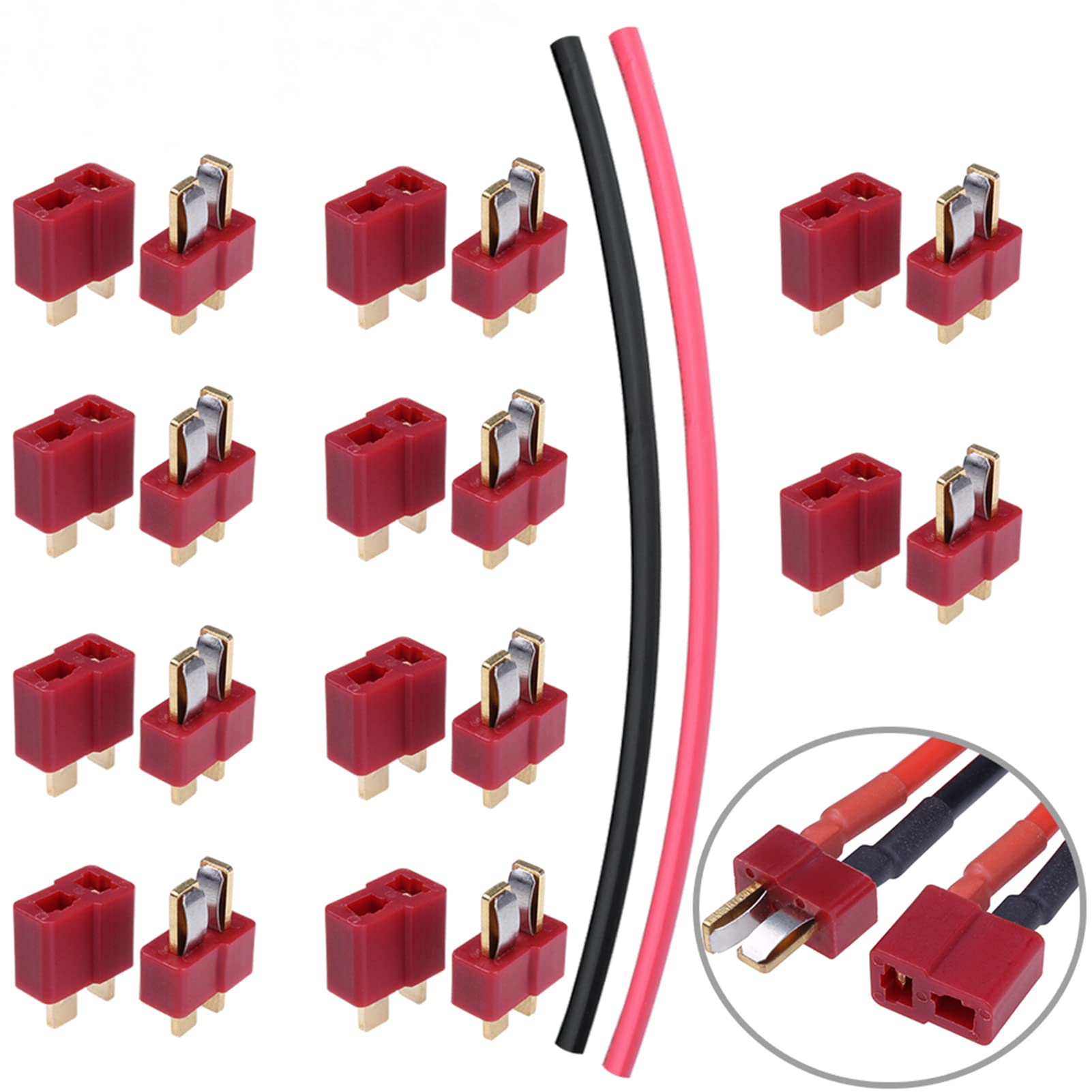 Hobbypark 10 Pairs T-Plug Connectors Male & Female Deans Style w/Shrink Tubing for RC LiPo Battery Pack ESC Electric Engine Motor Parts