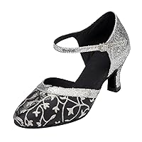 Minishion Women's TH132 Floral Low Heel Glitter Mesh Wedding Ballroom Latin Taogo Dance Pumps Shoes