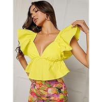Women's Tops Shirts Sexy Tops for Women Ruffle Trim Ruched Bust Peplum Top Shirts for Women (Color : Yellow, Size : Large)