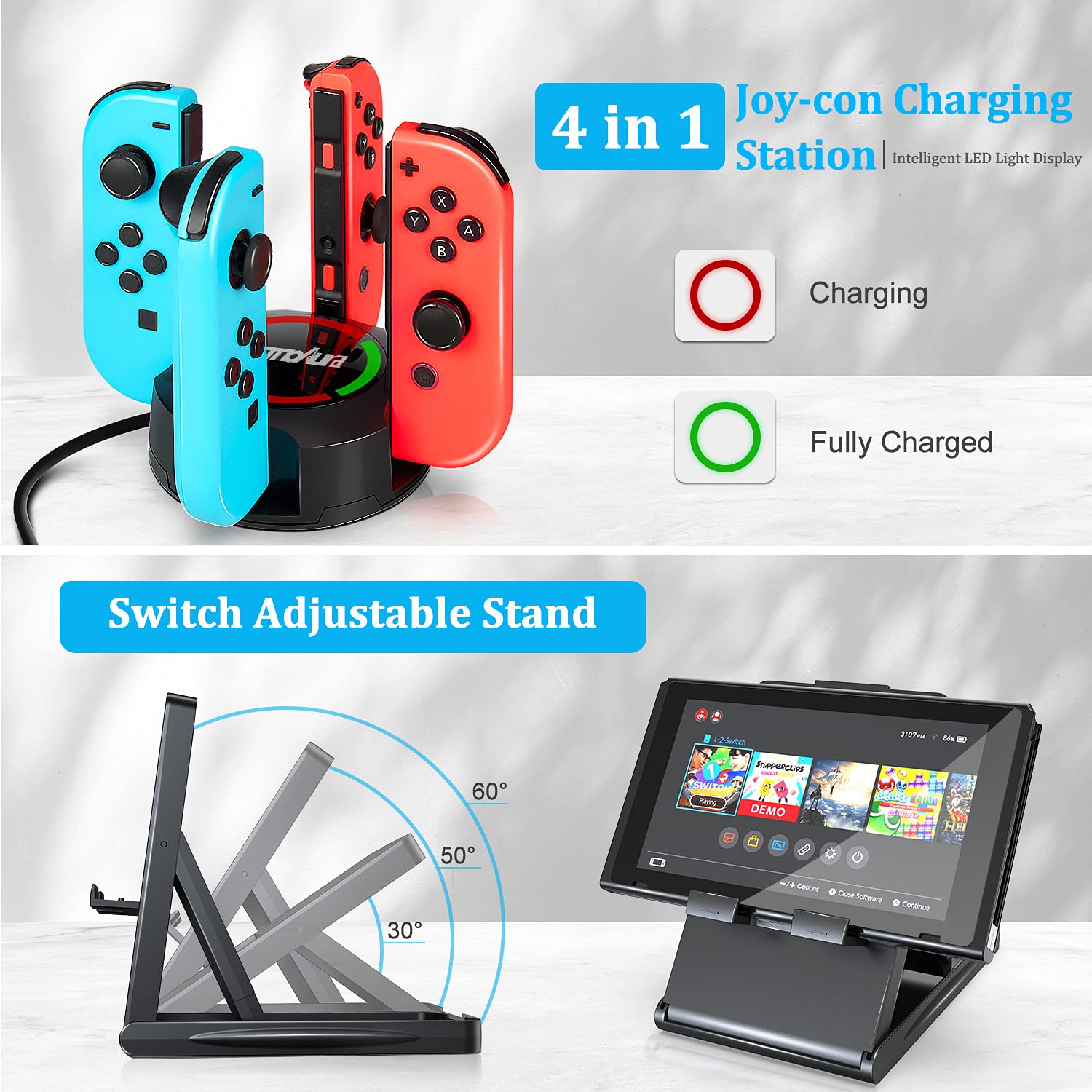 Switch Accessories Bundle, innoAura 20 in 1 Switch Accessories Kit Include Wrist Straps, Switch Carry Case, Joycon Charging Dock, Joycon Grips & Racing Wheels