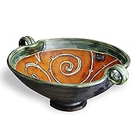 Hand Painted Orange and Green Floral Ceramic Fruit Bowl | Danko Pottery | Unique Handmade Pottery Bowl | Kitchen Decor | 11.4in Wide