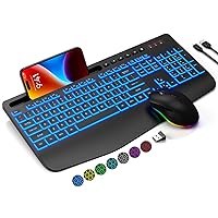 Wireless Keyboard and Mouse Combo with 7 Colored Backlits, Wrist Rest, Rechargeable Ergonomic Keyboard with Phone Holder, Silent Lighted Full Size Combo for Window, Mac, PC, Laptop-Trueque (Black)