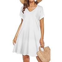 elescat Summer Dresses for Women V Neck Short Sleeve Flowy Tshirt Dress Casual Loose Sundress with Pockets