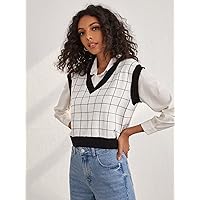 Women's Sweater Undershirt Plaid Contrast Binding Knit Top (Color : White, Size : Large)
