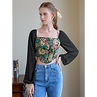 Womens Summer Tops Floral Print Lantern Sleeve Crop Top (Color : Multicolor, Size : X-Small)