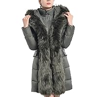 Flygo Women's Thick Slim Fit Mid Long Hooded Down Coat Jackets Removable Faux Fur Collar