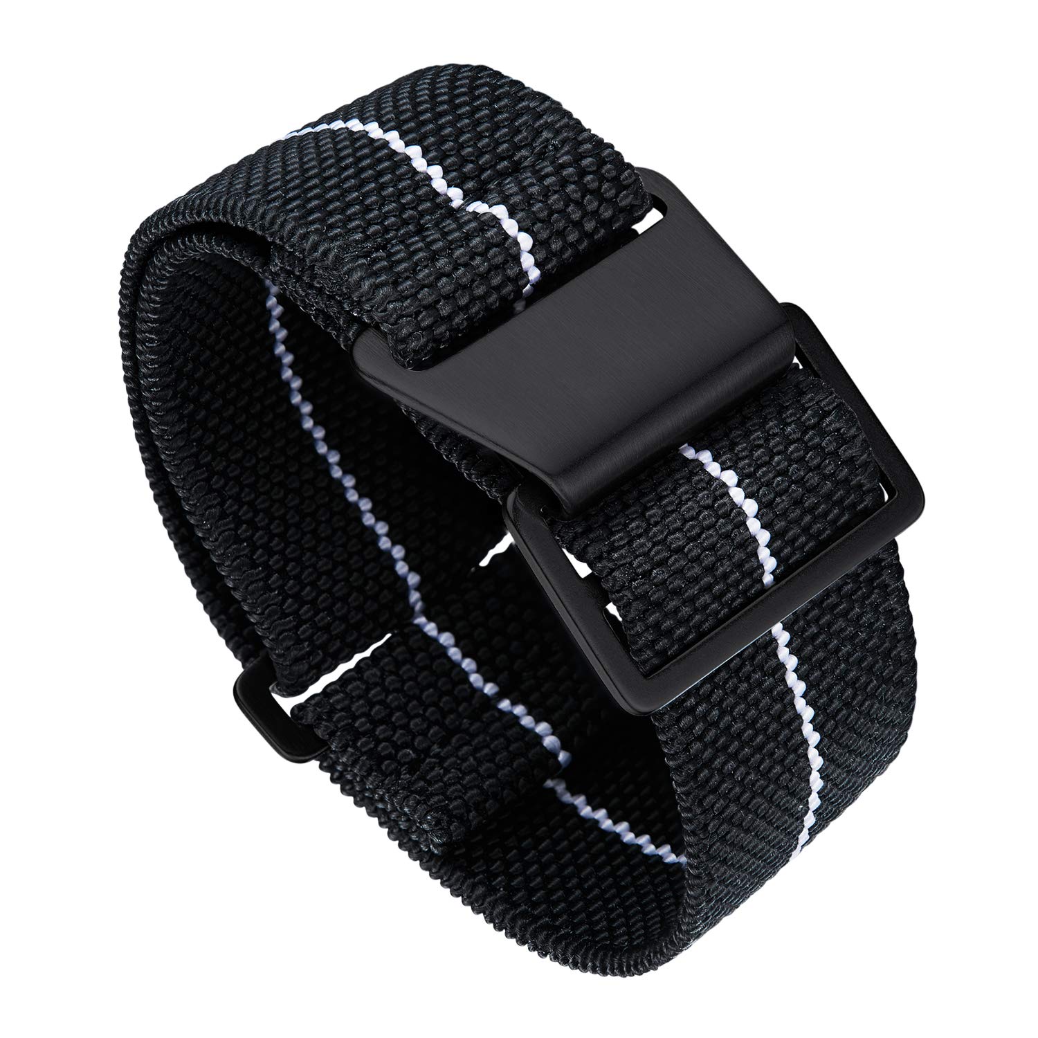 BINLUN Watch Band Nylon Waterproof Military Fbric Elastic Replacement Watch Strap Hook-and-Loop Men Women Black Buckle (Black-white,20mm)(Update Version)