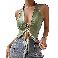 Women's Halter Neck Corset Summer Fashion PU Leather Front Lace-up Wrap Bustier Ladies Going Out Party Sexy Camisole