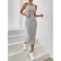 Dresses for Women - Solid Halter Neck Bodycon Dress (Color : Gray, Size : Small)