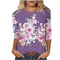 Summer Tops for Women, Womens Tops 3/4 Sleeve Crewneck Cute Shirts Casual Floral Printed Tunic Tops Summer T Shirt