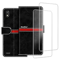 Phone Case Compatible with TCL A2 A507DL + [2 Pack] Screen Protector Glass Film, Premium Leather Magnetic Protective Case Cover for TCL A2 4G LTE (5.5 inches) Black