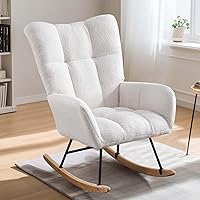 Rocking Chair Nursery Chair, Teddy Fabric Glider Rocker with High Backrest for Breastfeeding, Upholstered Glider Chair for Nursery Bedroom Living Room（White）