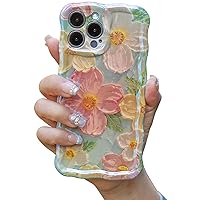 Cute Case for iPhone 13 Pro Max, Colorful Retro Oil Painting Printed Flowers Case, Fashion TPU floral Laser Beam Glossy Pattern Curly Waves Frame Shockproof Protective Case Cover for Girl Women