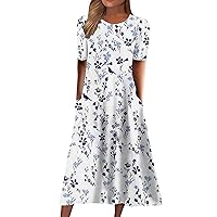 Casual Dresses Women's Summer Maxi Dress Round Neck Short Sleeve Classic Print Pleated Flowy Sundress with Pockets