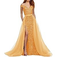 Women's Off The Shoulder Glitter Mermaid Prom Party Dresses with Detachable Skirt 2024 Formal Evening Gown