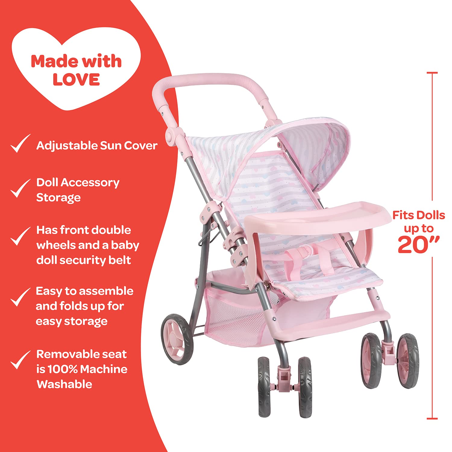 Adora Baby Doll Stroller Pink Snack N Go Shade Stroller, Can Fit Up to 20 inch Dolls and Stuffed Animals