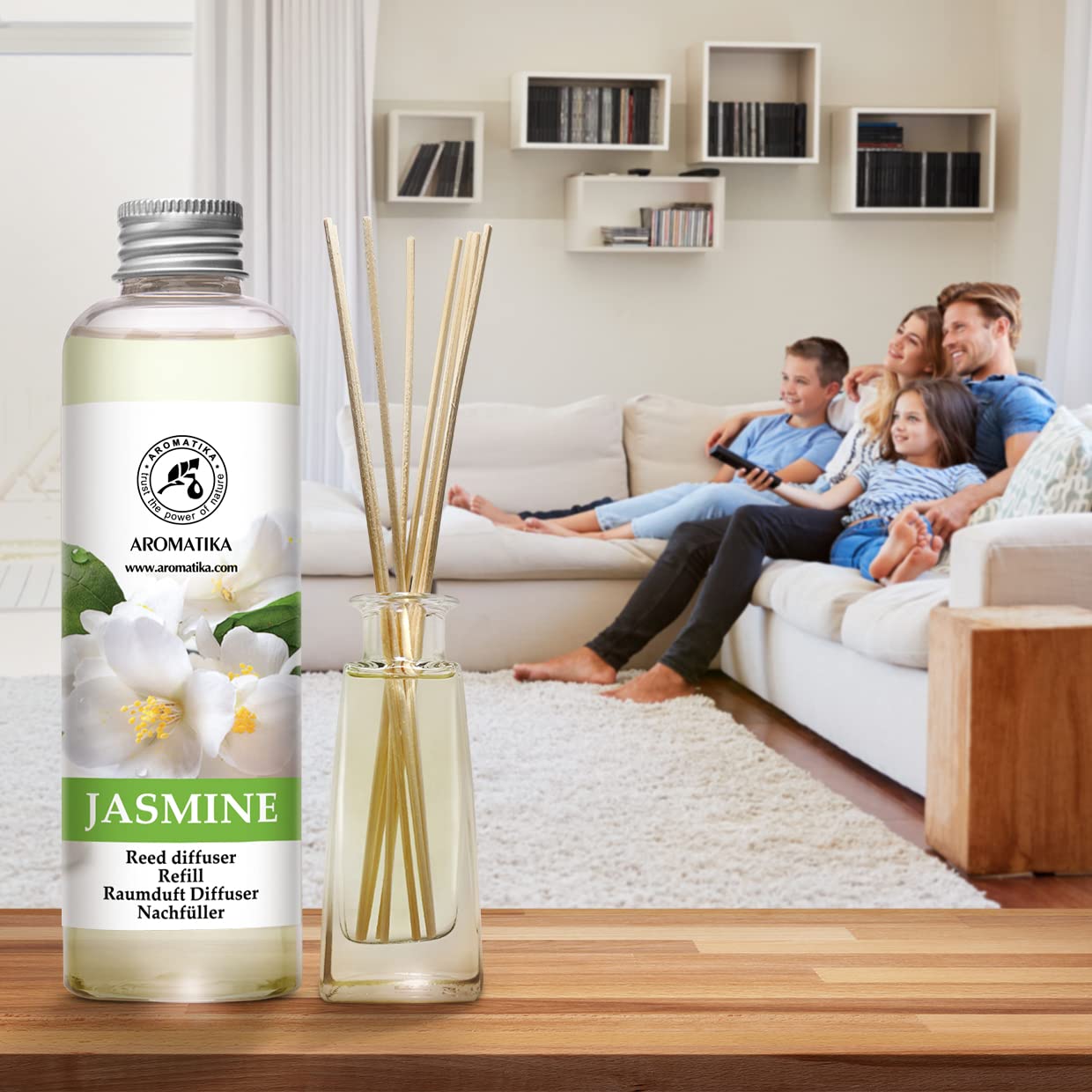 Jasmine Diffuser Refill, Natural Essential Jasmine Oil 6.8 Fl Oz (200ml) - Fresh & Long Lasting Fragrance - Scented Reed Diffuser Oil - Reed Diffuser Oil Refill Jasmine - Air Fresheners