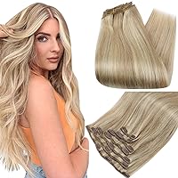 Full Shine 20 Inch Clip in Human Hair Blonde Real Hair Extensions Golden Blonde Mix Medium Blonde 7 Pcs Double Weft Brazilian Remy Hair Soft Straight Invisilble Hair