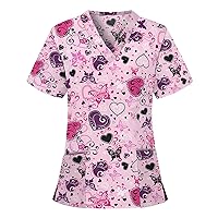 Scrub Shirts for Women Womens Scrub Tops Fashion Printed Work Uniform T-Shirt V Neck Short Sleeve Nurse Tops Tunic Blouse with Pocket 3X-Large Pink