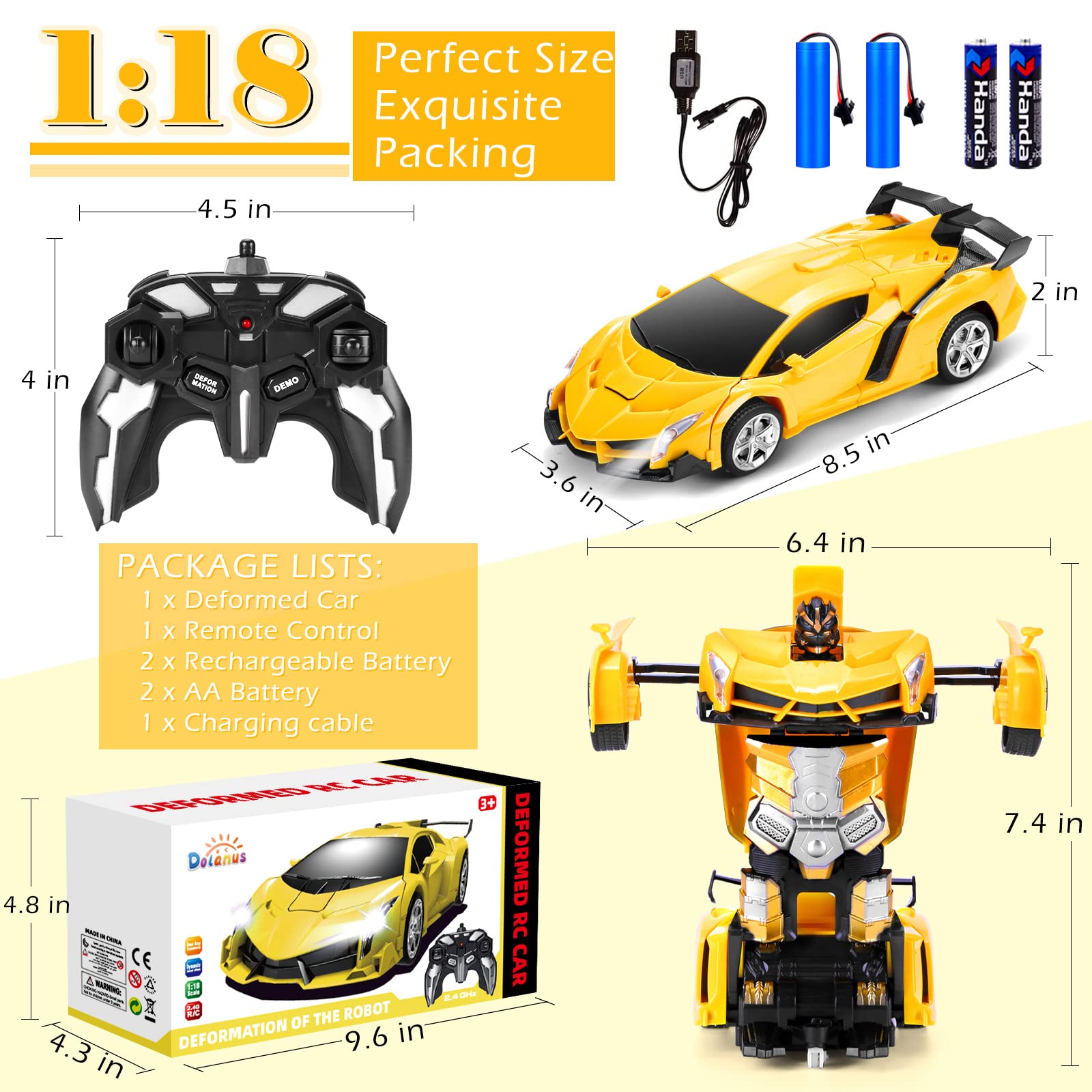 Dolanus Remote Control Car - Transform Robot RC Cars Contains All Batteries: One-Button Deformation and 360 Degree Rotating Drifting, Present Christmas Birthday Gift for Boys/Girls