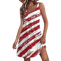 4th of July Outfits for Women Dress 4th of July Dress Women 2024 American Print Vintage Fashion Casual with Sleeveless Round Neck Sundresses Red 3X-Large