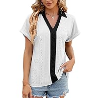 Women's Chiffon Blouse Short Sleeve V Neck Loose Tops Patchwork Casual Blouses Shirt