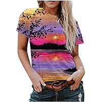 Short Sleeve T Shirts Women Graphic Tees Retro Graffiti Print Summer T-Shirt Round Neck Loose Tops Causal Dressy Blouses