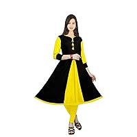Indian Women's Long Dress Black & Yellow Tunic Traditioanl Frock Suit Maxi Dress Plus Size