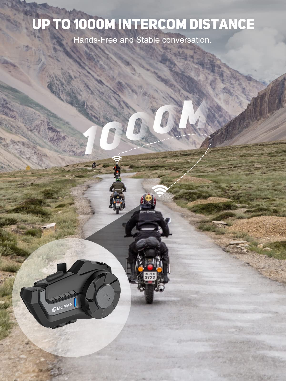 Moman Motorcycle Bluetooth Intercom,H2【2 Pack】Wireless Dirt Bike Helmet Communication System up to 1000M IP65 Waterproof DSP&CVC Noise Cancellation FM Call, Motorbike-Bluetooth-Helmet-Intercom-Headset