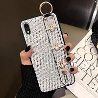 Guppy Compatible with iPhone XR Bling Lattice Case Luxury Glitter Sparkle Grid Sequin with Bee Wrist Hand Strap Kickstand Bracket Soft Protective Bumper Case for Woman Girls Silver