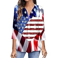July 4th Women 3/4 Sleeve Lapel Patriotic Tunic Tops Summer American Flag Trendy Casual Loose Fit V Neck Tee Blouses