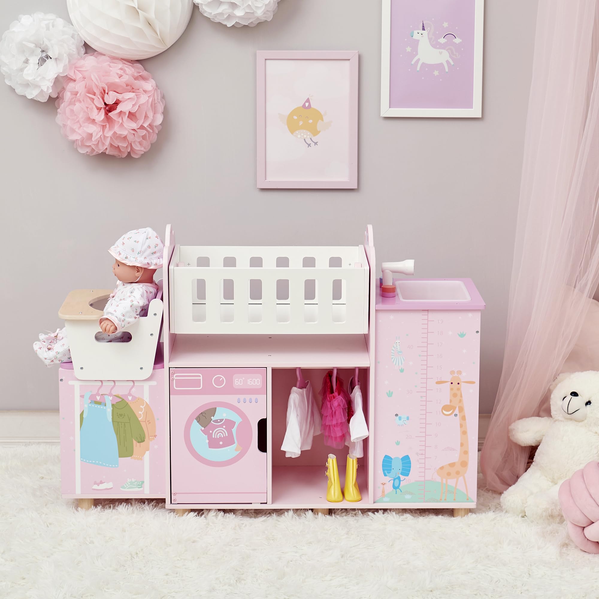 Olivia's Little World - Baby Doll Nursery Station Amanda Playset with Clothing Hangers, Detachable Highchair, Rocking Cradle, Washing Machine, Role Play Nursery Center with Storage, Baby Pink, Ages 3+