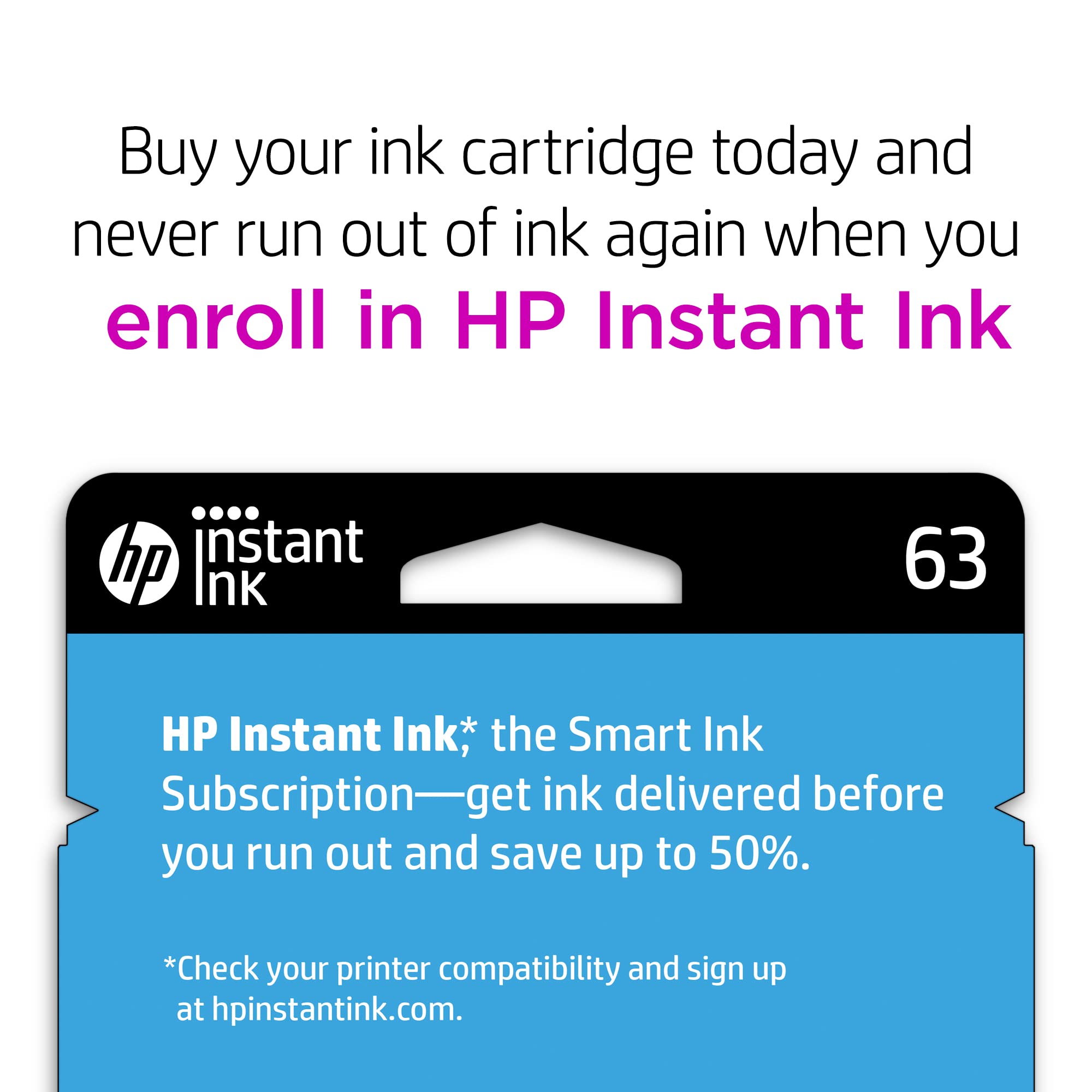 HP 63 Black Ink Cartridge | Works with HP DeskJet 1112, 2130, 3630 Series; HP ENVY 4510, 4520 Series; HP OfficeJet 3830, 4650, 5200 Series | Eligible for Instant Ink | F6U62AN