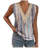 Summer Guipure Lace V Neck Color Block Tank Tops for Women Trendy Casual Loose Fit Sleeveless T-Shirts for Going Out