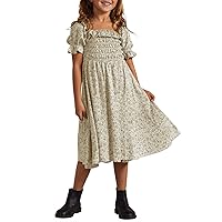 Girls Summer Puff Short Sleeve Square Neck Floral Boho Party Midi Dress 5-14 Years