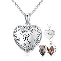 SOULMEET 10K 14K 18K Solid White Gold/Plated Gold Locket Cameo Initial Heart Locket Necklace That Holds Pictures Personalized Photo Locket Necklace Alphabet A-Z