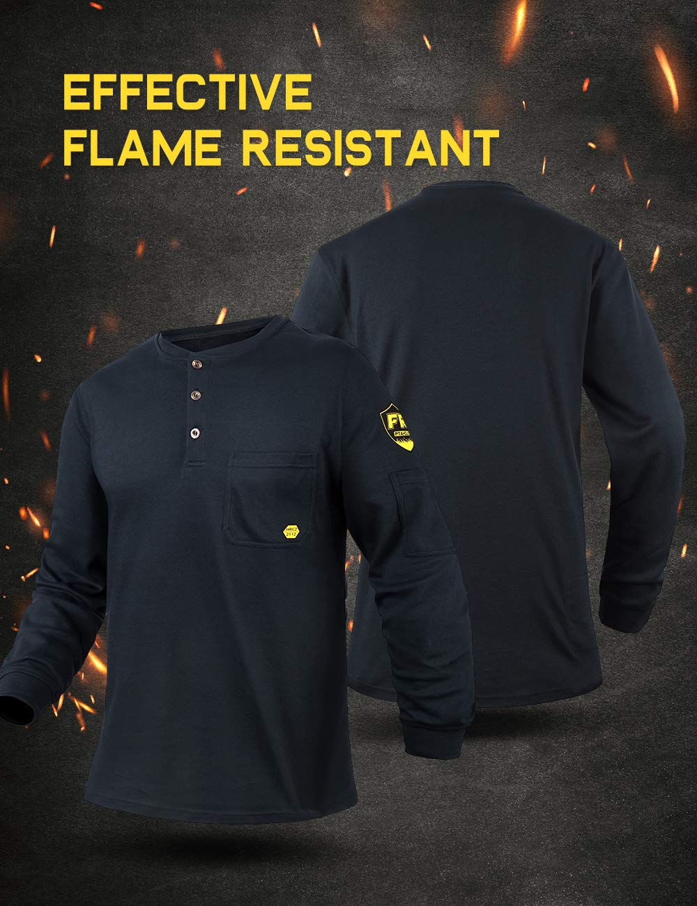 PTAHDUS FR Shirts Men’s Flame Resistant Long Sleeve Henley Shirts, 7.1 Ounce 100% Cotton FR Workwear Clothing for Men