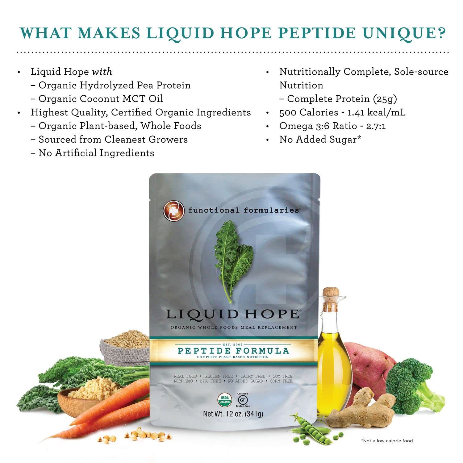 Functional Formularies Liquid Hope Peptide Organic Tube Feeding Formula and Nutritional Meal Replacement Supplement, 12 Oz Pouch, Pack of 24