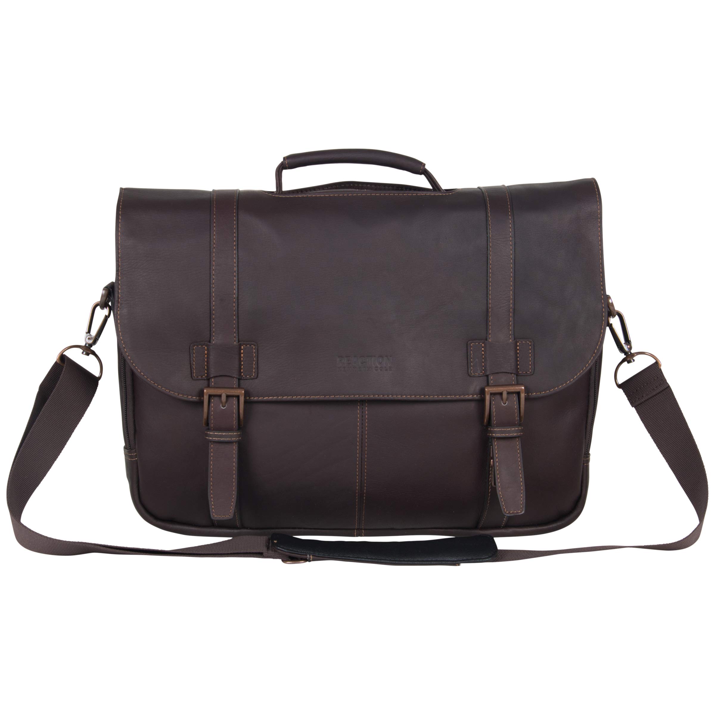 KENNETH COLE REACTION Show Business Messenger Briefcase Colombian Leather 16” Laptop Computer Portfolio Satchel Work Bag, Includes Card Holders, Dark Brown, One Size